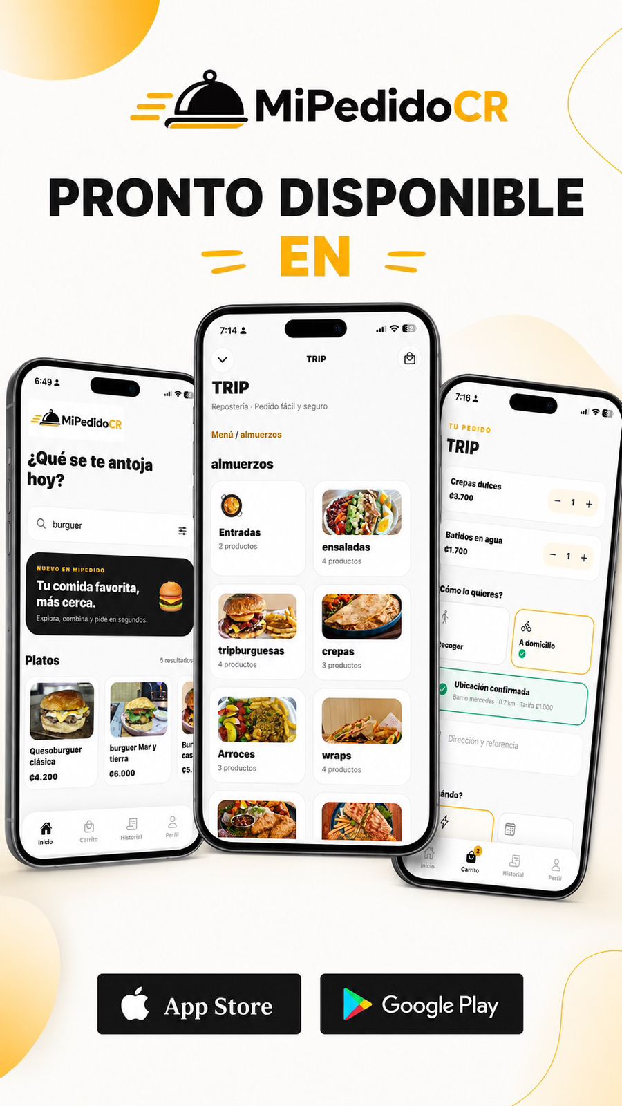 MiPedidoCR: pronto disponible en App Store y Google Play. Vista de la aplicación para explorar restaurantes, consultar el menú y realizar pedidos.